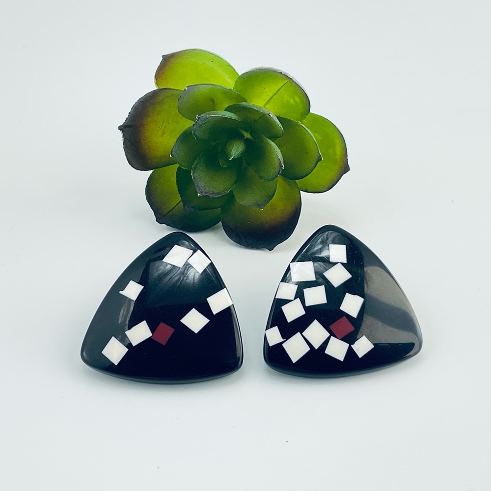 Vintage 1980s Acrylic Earrings, Black Triangles, Geometric Design, New Wave